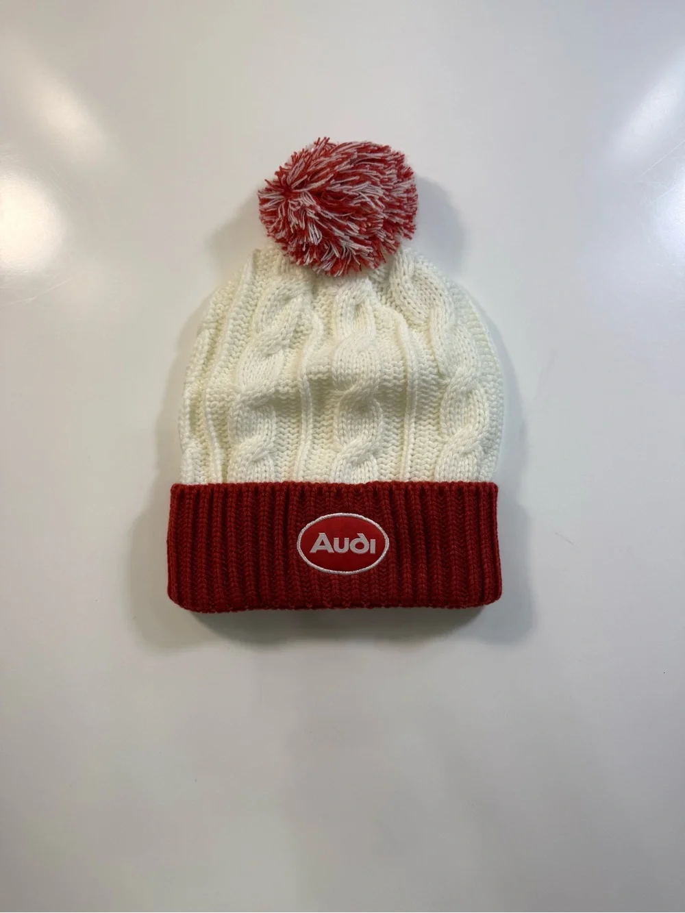 Audi Women's Red and Cream Cable Knit Pom Beanie NWOT